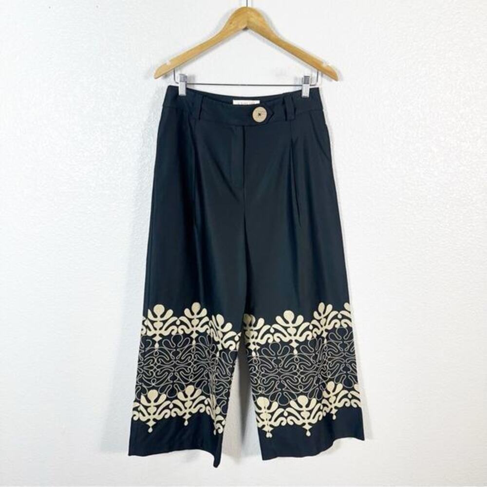 Exquise Anthropologie Womens Size L‎ Abstract Embroidered Wide Leg Pants Black